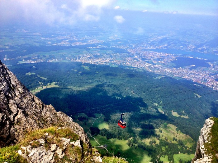 The view from the top...that little red dot is the first cable car we will be taking down 